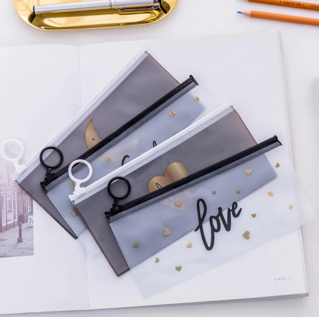 

100 pcs/lot Star Love Moon Patterned Ring Zipper Pencil Bag Case Stationery Storage Organizer Bag School Office Supply