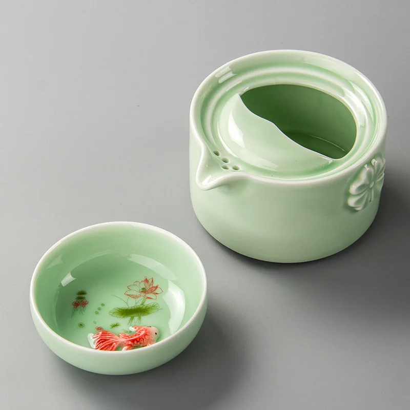 02 Дизайн зеленый керамический 3D Карп gaiwan чайный набор Celadon элегантный чайный набор кунг-фу включает 1 горшок 1 чашка, красивый легкий чайник - Цвет: 02