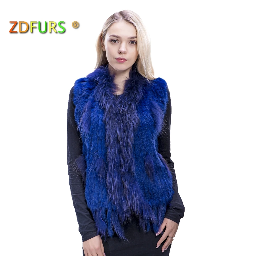 ZDFURS * вязаный жилет из кроличьего меха меховой воротник енота меха|rabbit fur waistcoat|rabbit