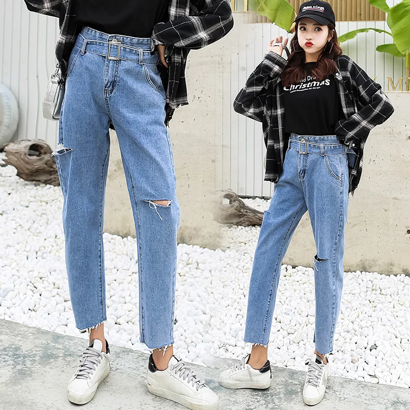 S xl 2018 корейский Стиль Высокая талия рваные джинсы для женщин прямые джинсовые