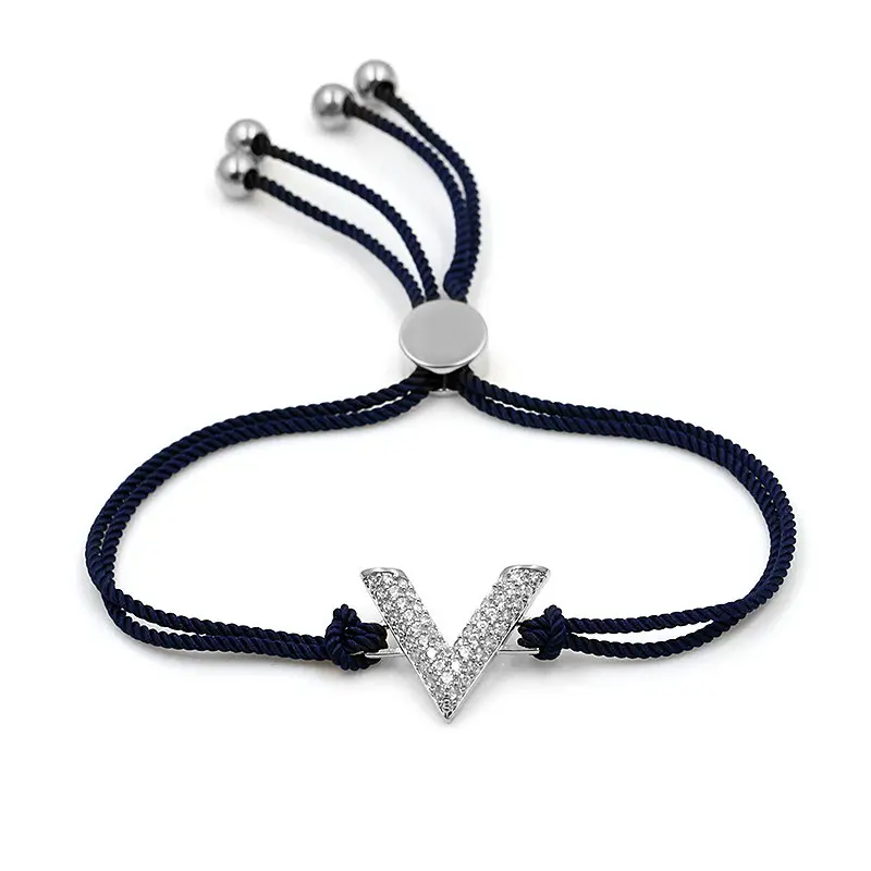 blue and silver Новое поступление, цепочка с кубическим цирконием, буквы V, регулируемые браслеты для женщин или девушек, ювелирные изделия, подарки - Окраска металла: blue and silver