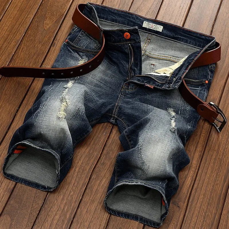 Мужские летние джинсы эластичные прямые шорты с дырками большие размеры 29 30 31 32 -36