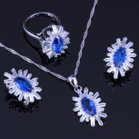 super blue cubic zirconia white cz silver plated jewelry sets earrings pendant chain ring v0242