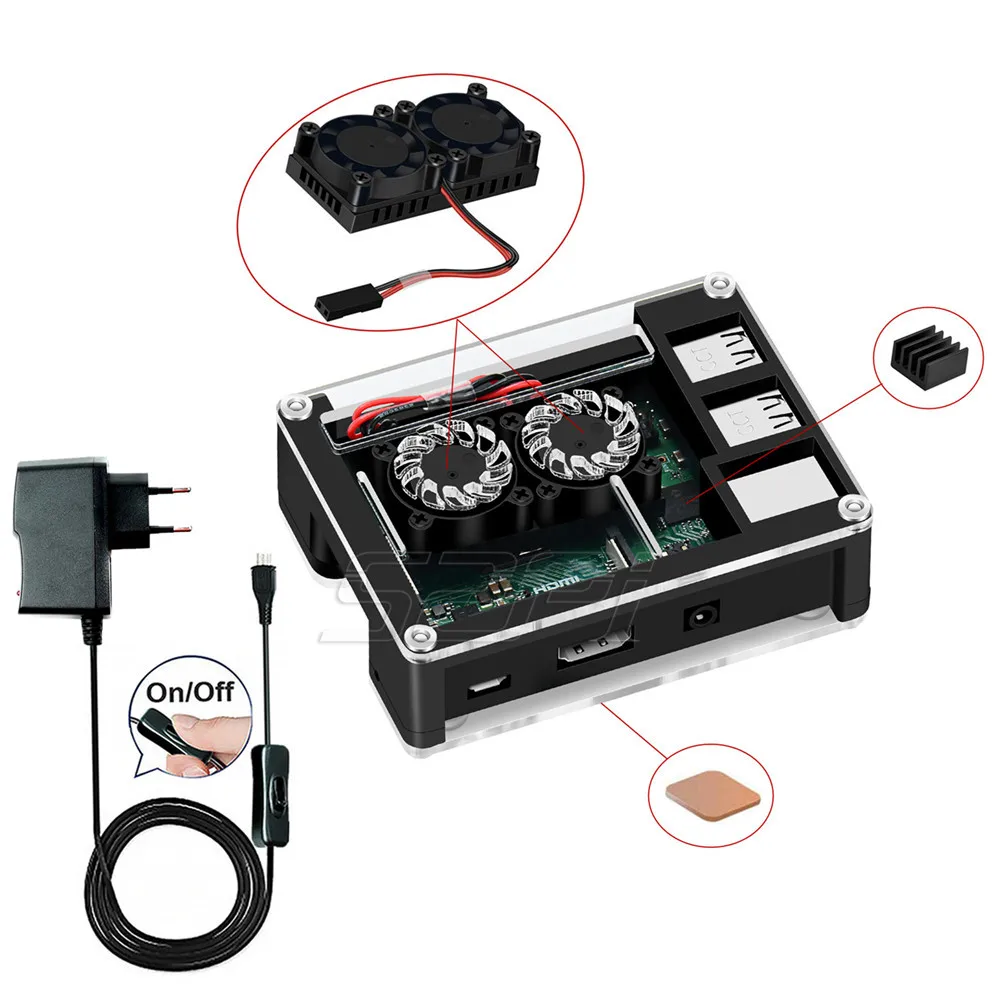 Case Fan and EU Plug 52Pi акриловый пластиковый корпус с дополнительным 3B+ версия двойной вентилятор Heatink 5V 2.5A адаптер питания только для Rasberry Pi 3 B Plus/3B - Цвет: Case Fan and EU Plug