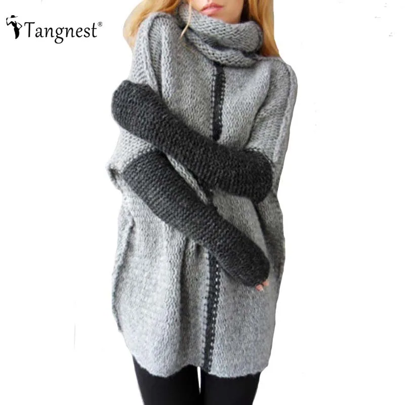 TANGNEST/Для женщин Лоскутная Свитер с воротником осень 2017 г. европейской моды теплый