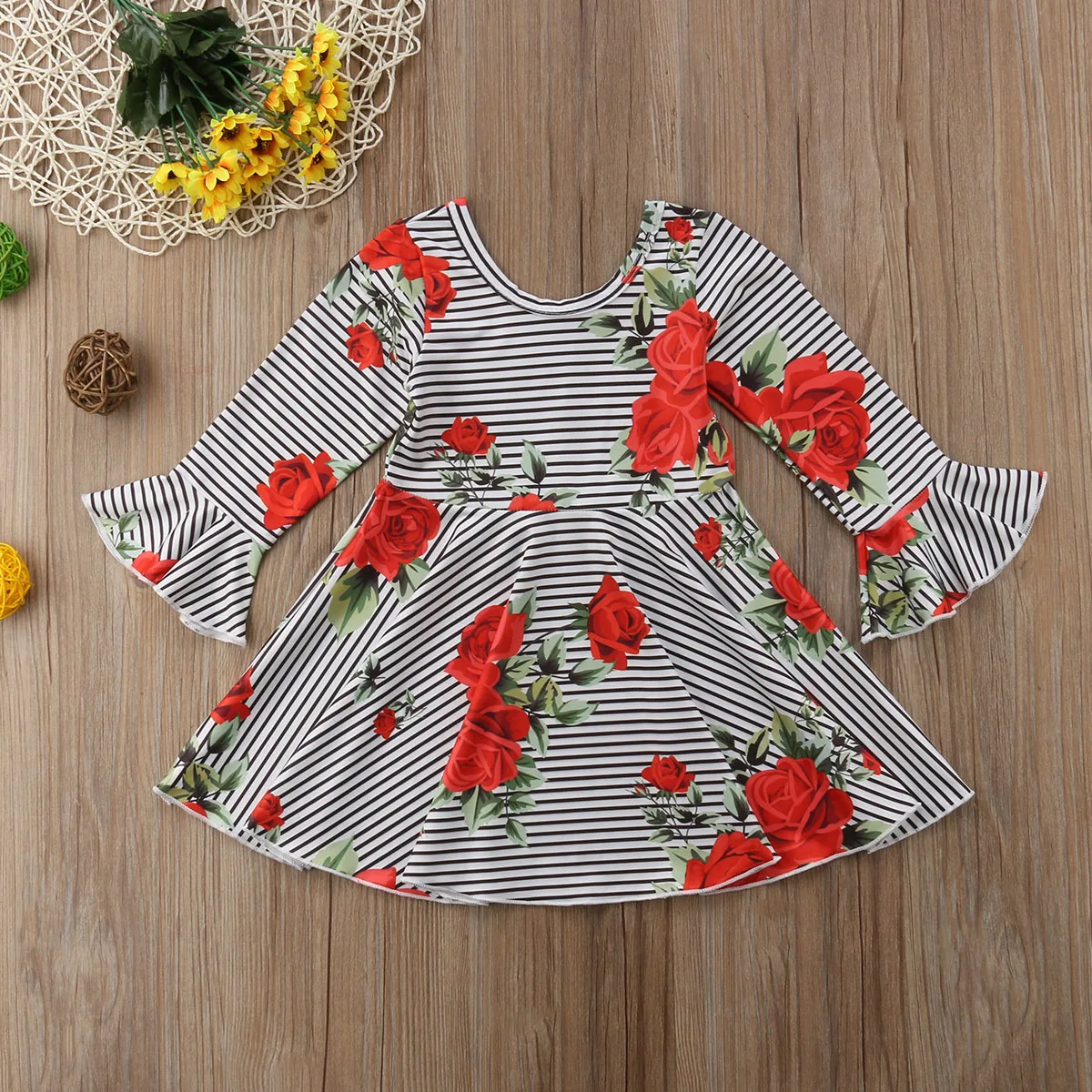 Toddler Baby Girls Summer Lovely Pretty Dress Long Flare Sleeve Striped Floral Print A-Line Knee-Length Outfit 1-6Y | Детская одежда и
