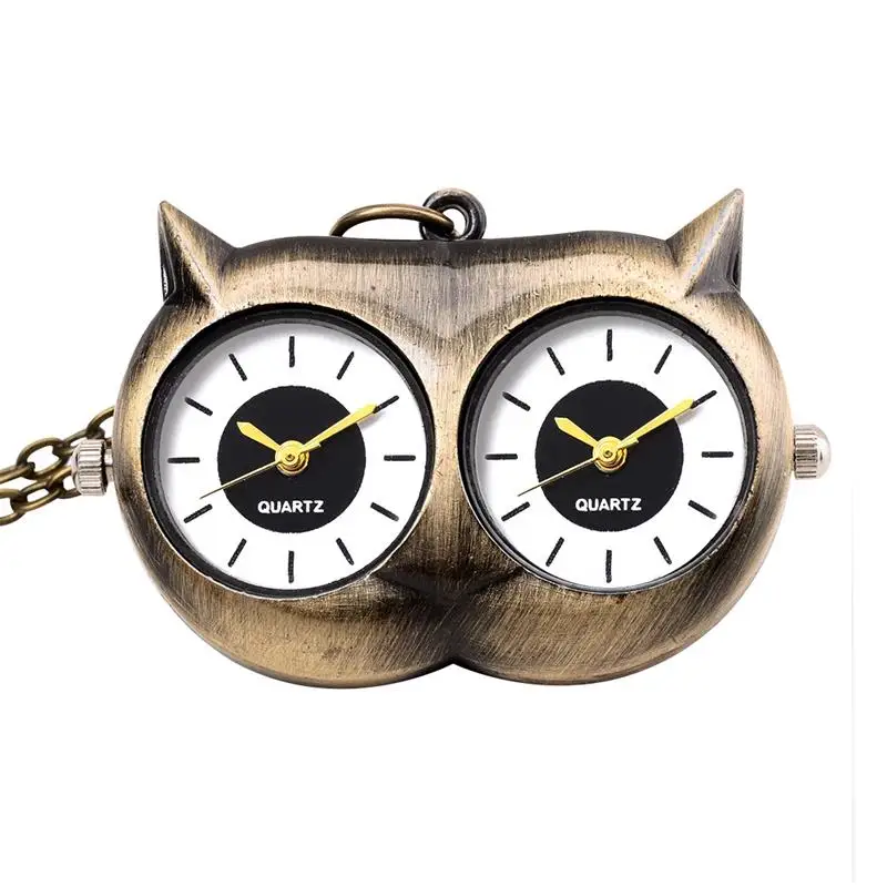 Античная бронзовая сова глаза карманные часы 2 кварцевый механизм длинной цепью