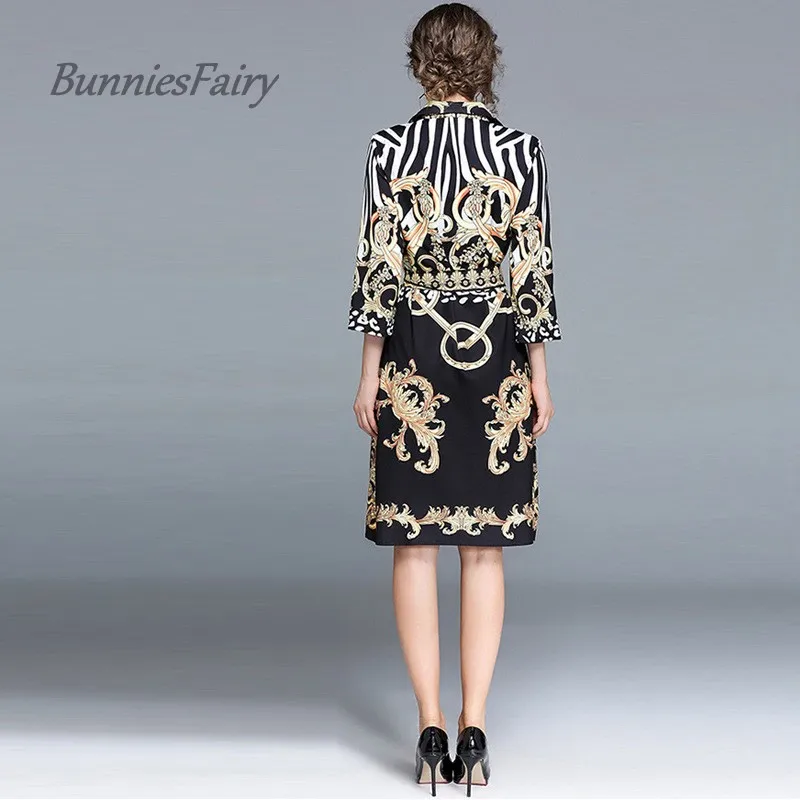 BunniesFairy 2017 Autumn European and American Style Retro Geometric Print Belted Slim Waist Dress Female Robe Vestidos De Festa | Женская