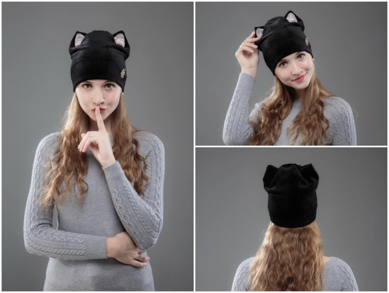 Дизайн, женские шапочки, Skullies, для девушек, милая, Осень-зима, шапка с кошачьими ушками, блестящие стразы, металлические, цветочные, зимние шапки