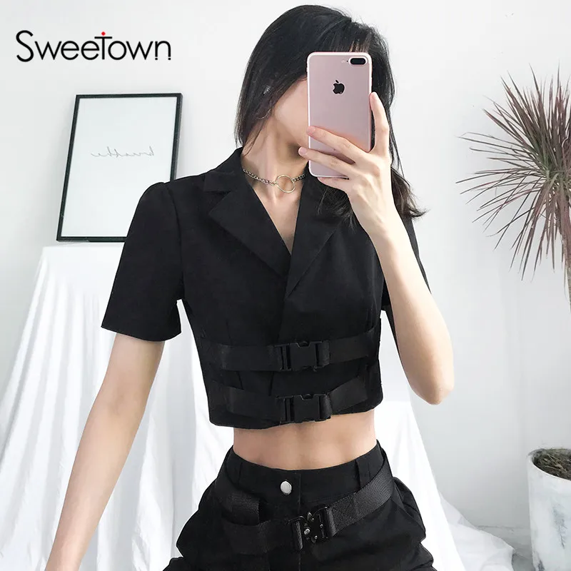 Sweetown Черная Широкая куртка с талией Лето женщины отложной воротник короткие куртки пластиковые пояса с пряжками куртка, Изготовленная с применением техники Открытый шов