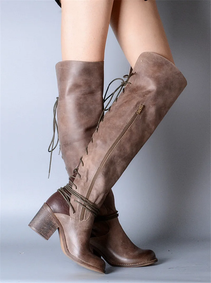 

Women Over The Knee Boots Back Lace Up Chunky High Heel Botas Female Thigh High Boots Winter Warm Rubber Shoes Woman