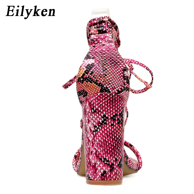 Eilyken новинка моды летнего сезона, с узором под змеиную кожу Женские сандалии с ремешком на лодыжке с поперечными ремешками очень высокий каблук; женские лодочки, сандалии, обувь