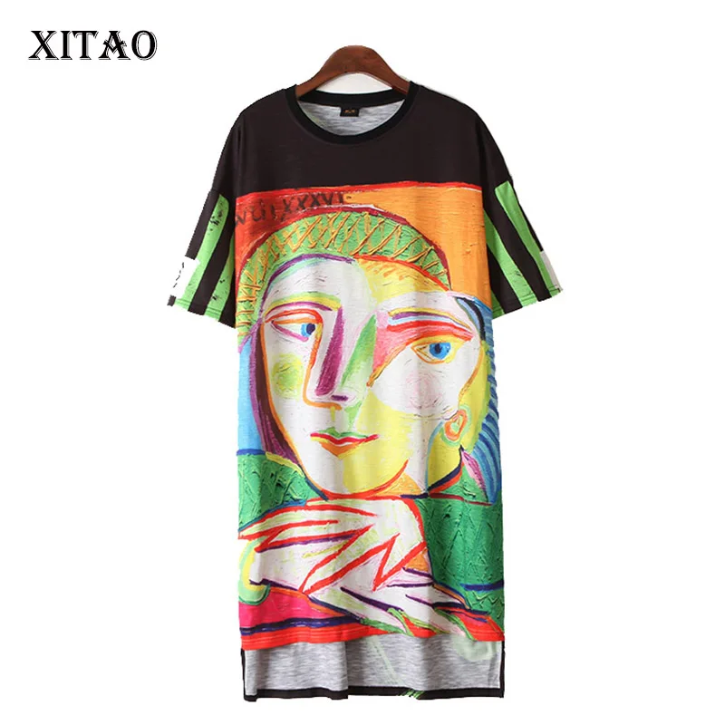 Женское платье с коротким рукавом и абстрактным принтом XITAO черное до колена