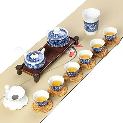 Синий и белый фарфор чайные наборы кунг-фу керамика японский домашний простой