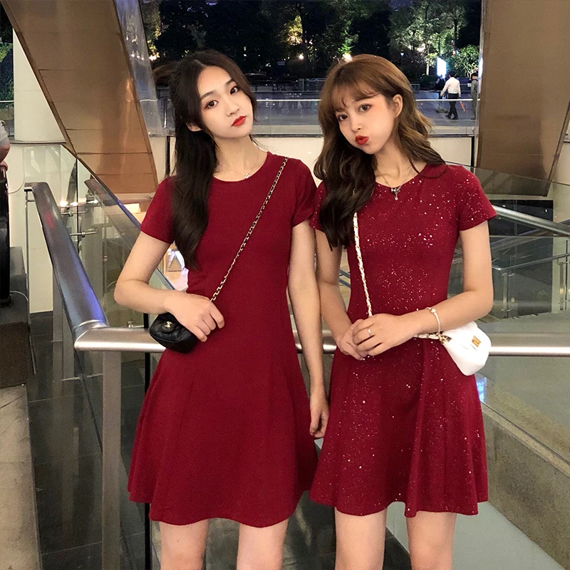 2019 новое летнее корейское винтажное женское блестящее черное платье с коротким