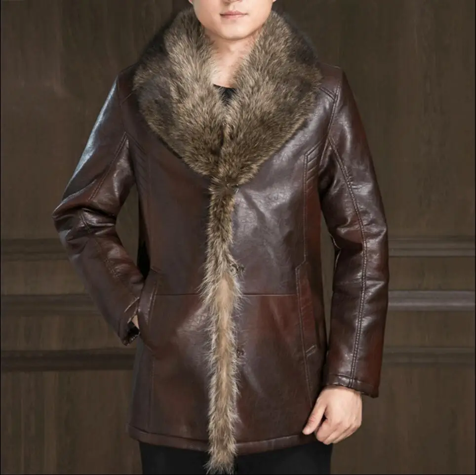 long brown S-4XL, Зимние Куртки из натуральной кожи с искусственным мехом, кожаные пальто для мужчин, кожаные куртки из овечьей кожи, теплые деловые пальто размера плюс, пальто - Цвет: long brown