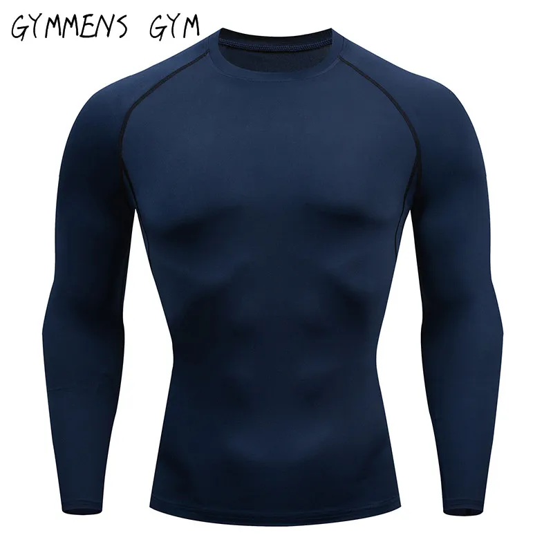 Navy Blue Новинка, быстросохнущая Мужская футболка для бега, бодибилдинг, Спортивная футболка с длинным рукавом, компрессионный Топ, футболка для спортзала, Мужская облегающая футболка для фитнеса - Цвет: Navy Blue