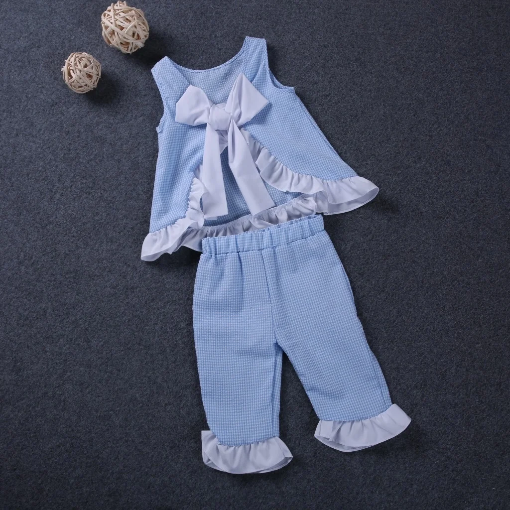 

Okaldy 2019 New Summer Fashion Girls Clothing Sets Costume Girls Stripe Shirt + Pants Plaid Big Bow 2pcs