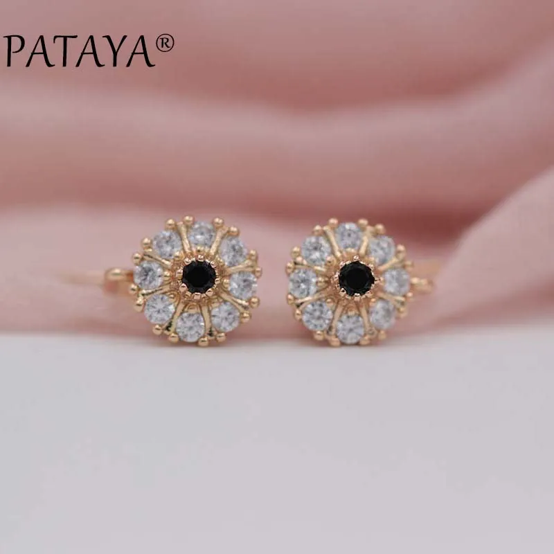 black PATAYA, Новое поступление, свадебные серьги 585, розовое золото, зеленый цвет, натуральный циркон, лотос, висячие серьги для женщин, свадебные романтические ювелирные изделия, разные цвета - Окраска металла: black