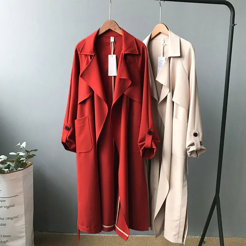 red Новые длинные женские тренчи с поясом длиной до колена, модные Асимметричные уличные пальто, приталенные повседневные тренчи средней длины красного цвета - Цвет: red