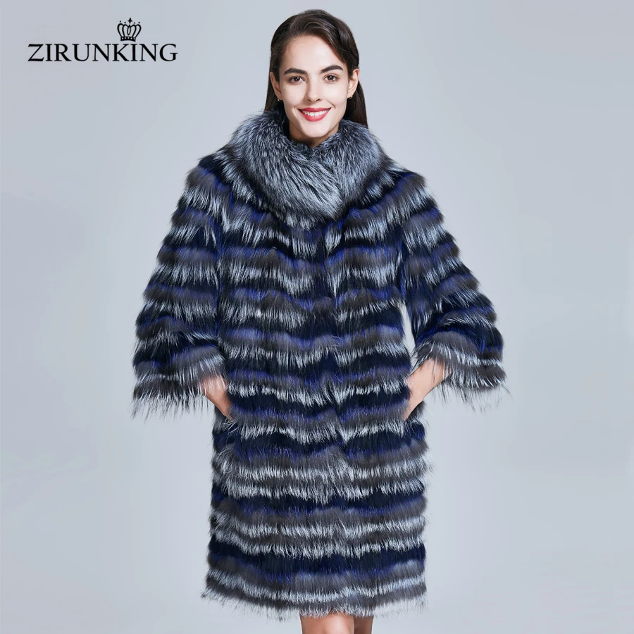 ZIRUNKING, Полосатое пальто из натурального меха, Женское пальто из натурального Лисьего меха, женские модные меховые пальто, одежда ZC1738