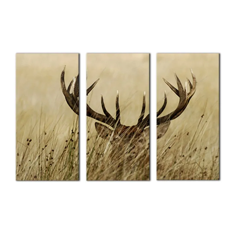 Настенная картина из 3 панелей с оленем и длинным в кусте рисунок на холсте