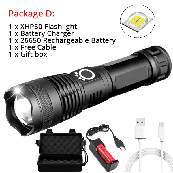 D Мощный светодиодный фонарик XHP70 XHP70.2 XHP50, Перезаряжаемый USB фонарь с зумом, 18650, 26650, Охотничья лампа для самообороны, низкая мощность, дисплей - Испускаемый цвет: D