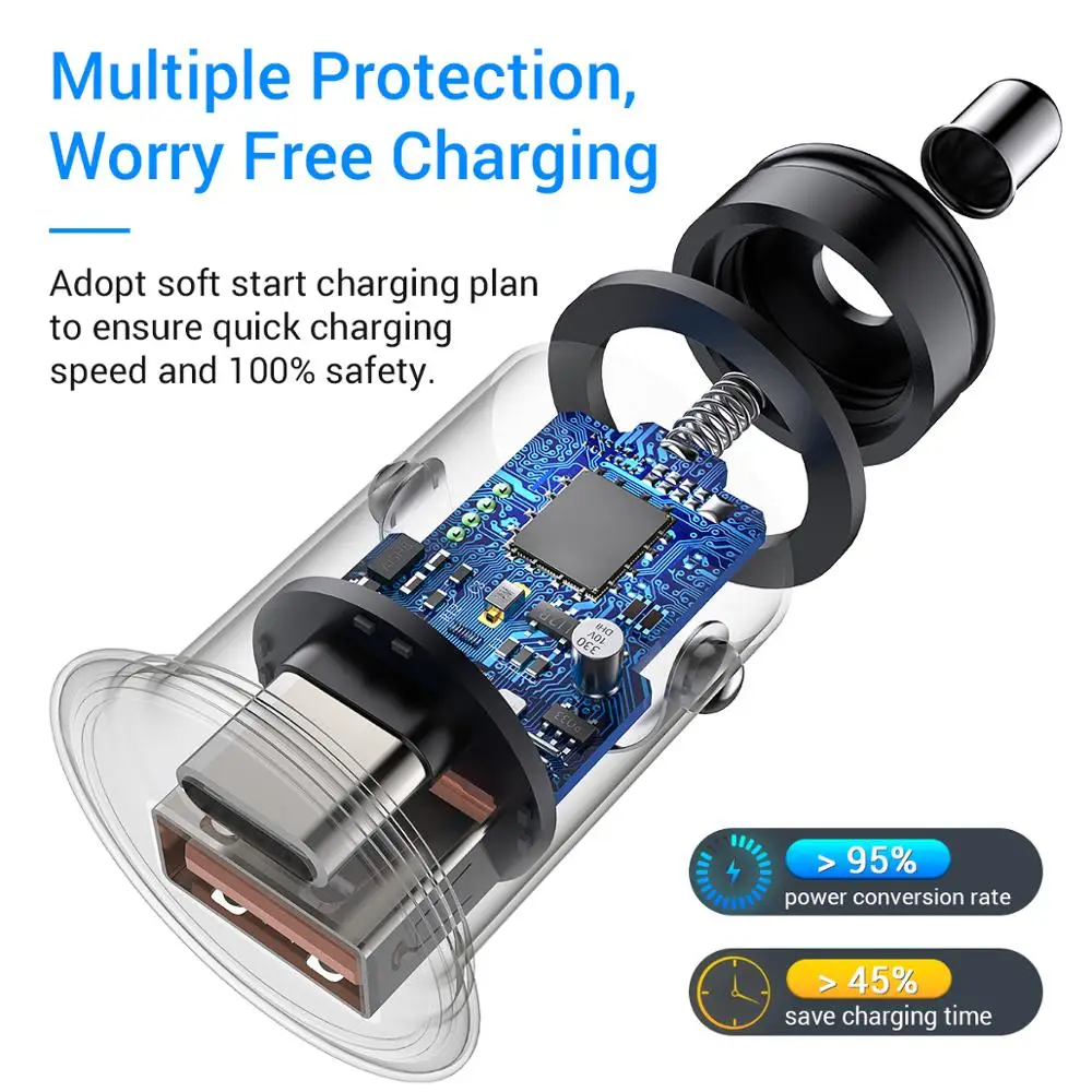 Автомобильное зарядное устройство FIVI с двумя USB разъемами 30 Вт PD 3 0 и QC для iPhone X/Xs/Xr