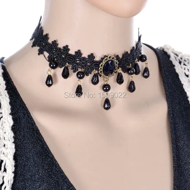 Woman Lace Statement Choker Necklace Vintage Beaded Water Drop Pendants Jewerly Black False Collar Costume Accessories | Украшения и