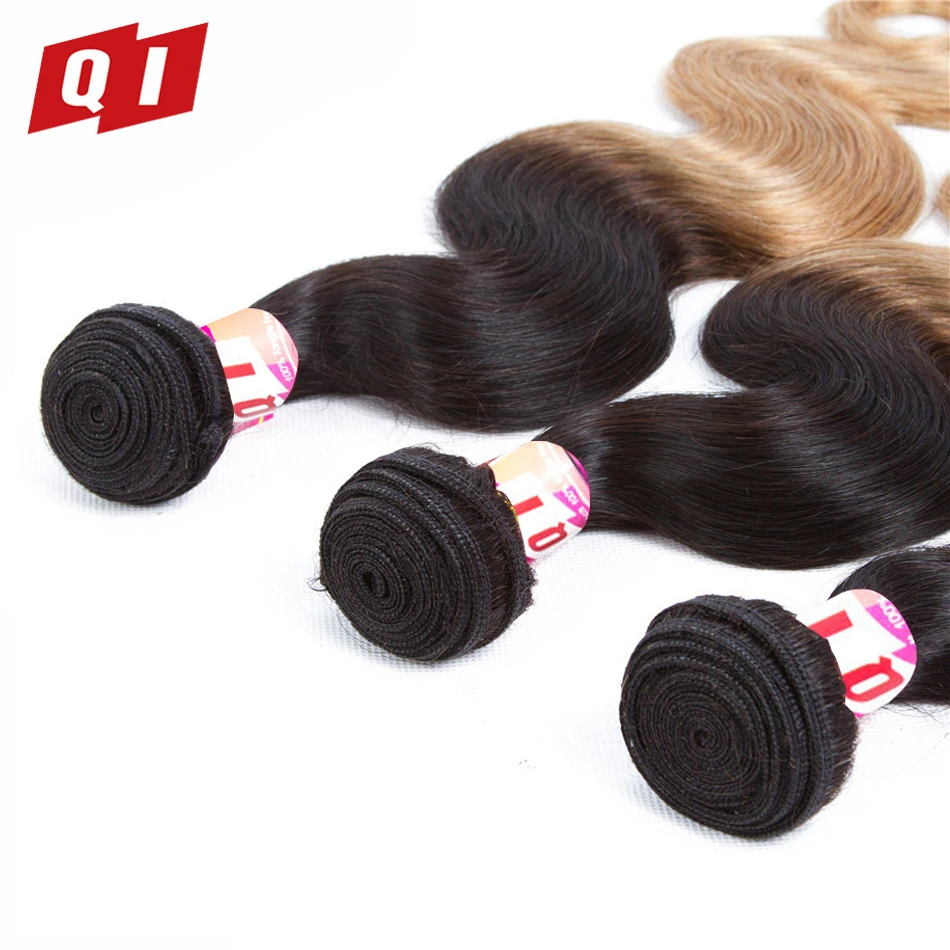 QI Hair Body Wave 100% Malaysian 3 Bundles With 4*4 Lace Closure 4 Pcs/Pack Pre-Colored 1B/27 Human | Шиньоны и парики