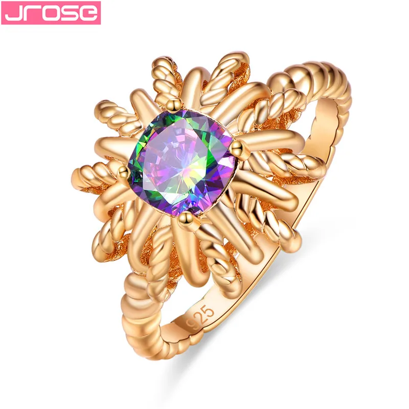 

JROSE Trendy Wedding Engagement Rings For Women Shiny Cubic Zirconia Flower Beautiful Golden Petal Silver 925 Jewelry Rings