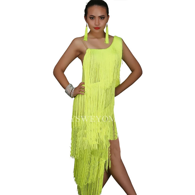 

Fashion Latin Dancing Dresses For Ladies Fluorescent green Tassel Clothes Traditional Women ballroom dance competition dresses
