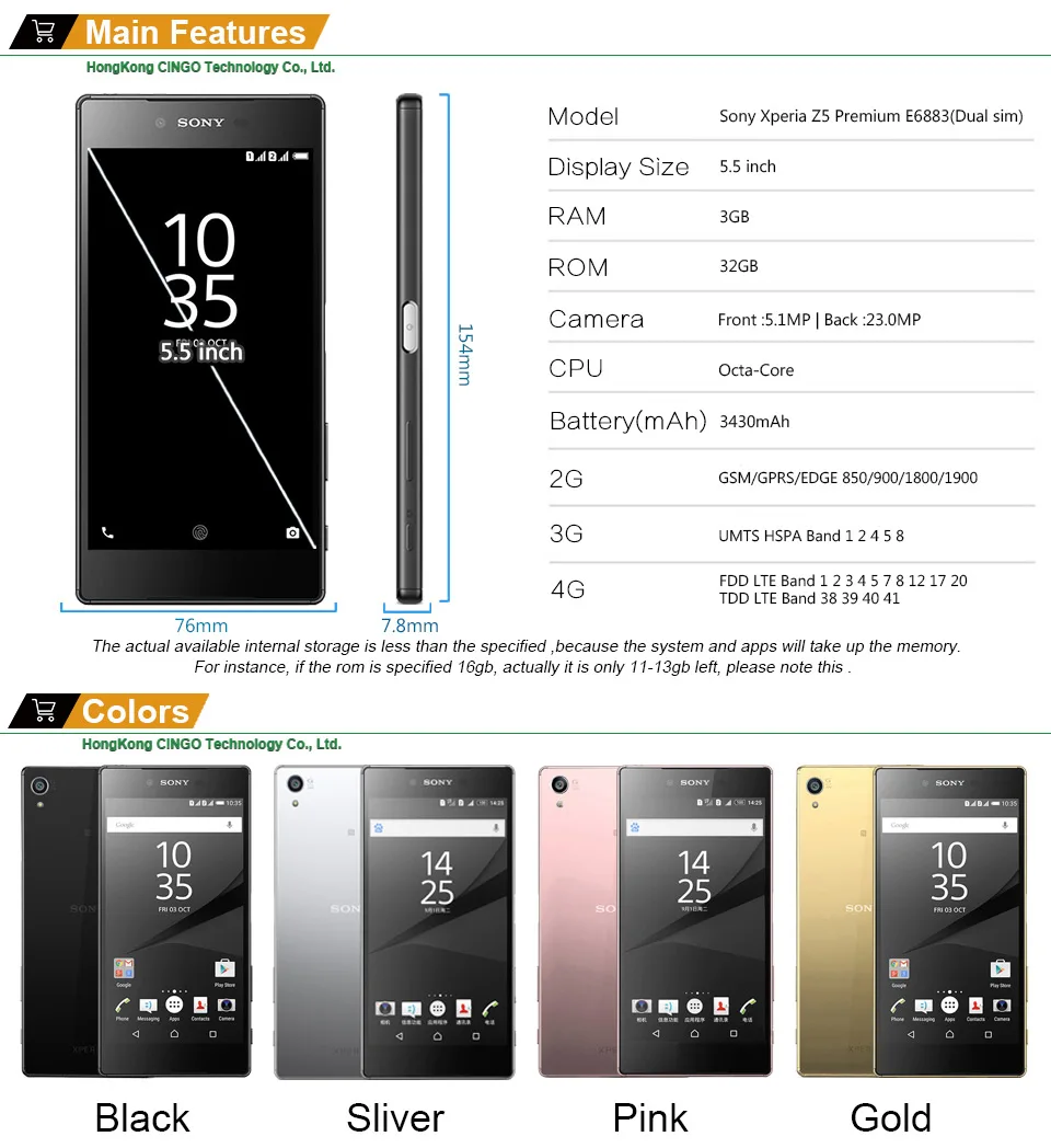 Разблокированный мобильный телефон sony Xperia Z5 Premium E6883, 3 ГБ ОЗУ, 32 Гб ПЗУ, две sim-карты, 5,5 дюймов, четыре ядра, ips, 23 МП, GSM, Android, LTE