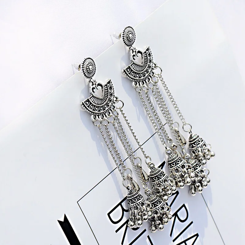 OIQUEI женские индийские серьги Jhumka в стиле бохо,, золотые, серебряные, металлические Большие колокольчики, длинные висячие серьги с кисточками, женские цыганские украшения