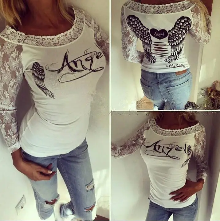 Женская Кружевная футболка с принтом Крылья Ангела осень 2016 сексуальные топы