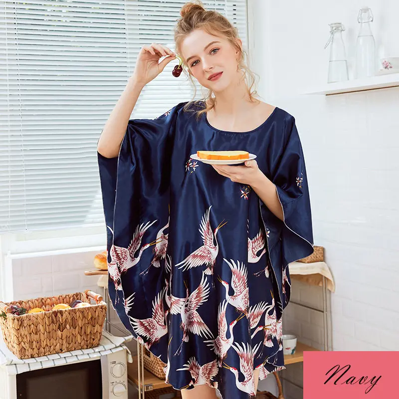 Women's sleepwear princess Simulated Silk Sleepwear Ladies Summer Bat Sleeve Sleeping Skirt Ladies Large Housewear nightwear - Цвет: Navy