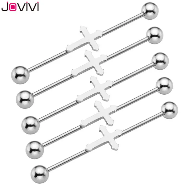 Jovivi цена 16Ga Крест винт мяч Длинные Промышленные Штанги Серьги, Надеваемые На ушной хрящ из нержавеющей стали пирсинг тела, ушей ювелирные изделия - Окраска металла: 5x Silver