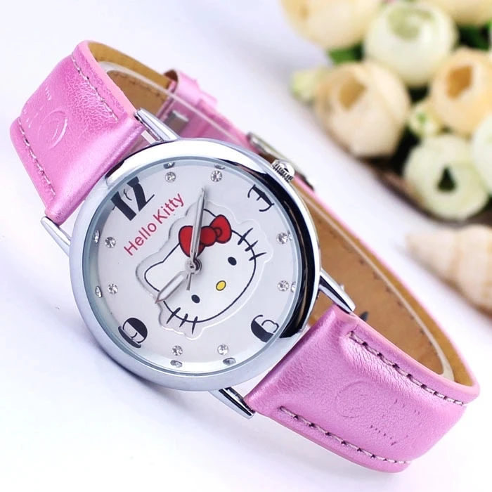 Новые модные детские розовые кварцевые часы Hello Kitty с милым мультяшным котом для