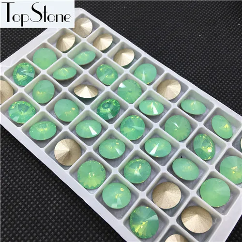 green opal Topstone 12 мм 14 мм круглые Rivoli K9 стеклянные хрустальные заостренные с обратной стороны Стразы лазер много цветов Высокое качество - Цвет: green opal