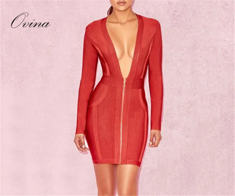 

Red High Quality Celebirty Long Sleeve Deep V Neck Zipper Front Mini Rayon Bandage Dress Women Dresses