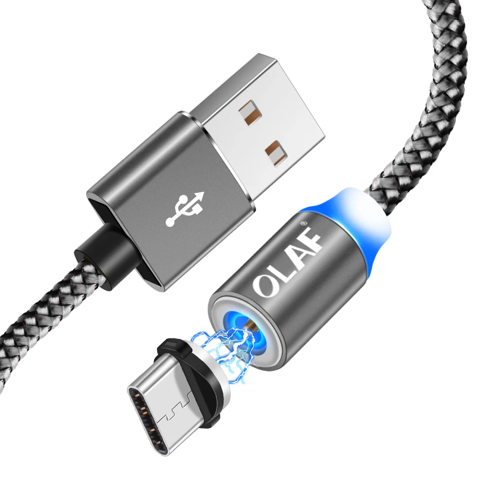 1 м светодиодный магнитный usb-кабель для iPhone Type C, Магнитный зарядный кабель Micro USB для зарядки и передачи данных, кабели для мобильных телефонов Android - Цвет: Gray Cable and Plug