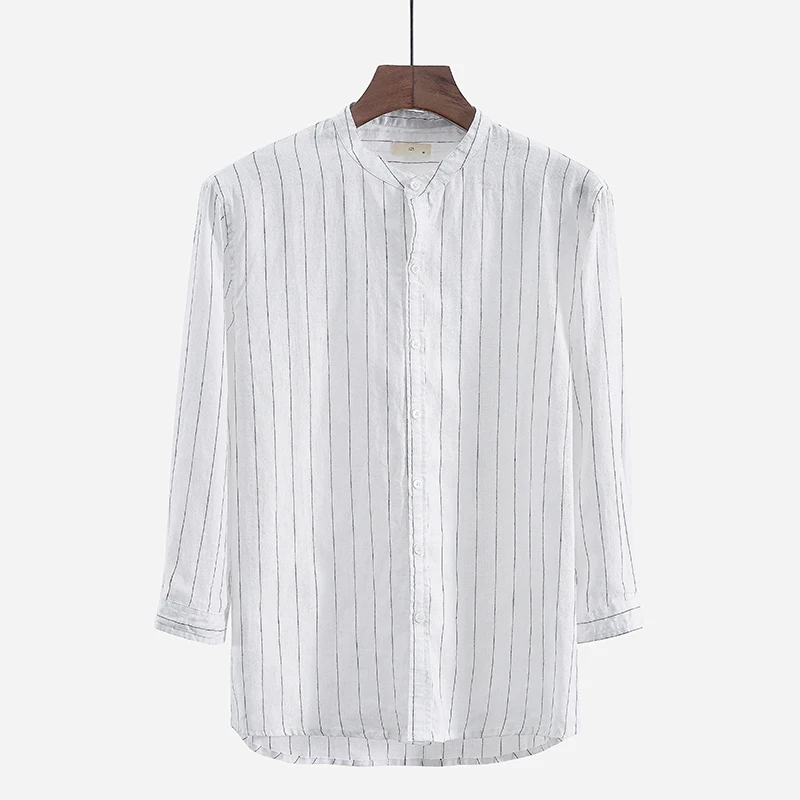 

New style three-quarter sleeve shirt men summer linen stand collar men shirts fashion striped flax mens shirt chemise de marque