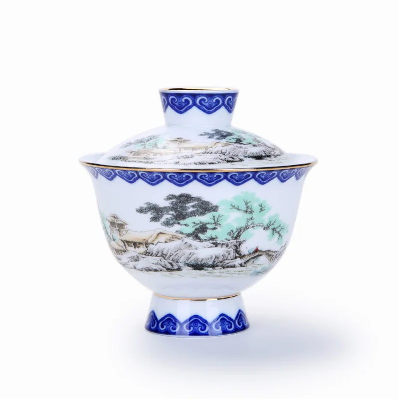 

150ml Jingdezhen Vintage Landscape Handpainted Famille Rose Pastel Blue and White Porcelain Gaiwan Puer Coffee Tea Cup Drinkware