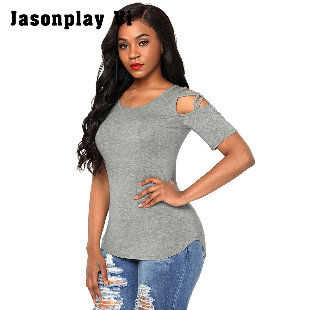 Jasonplay VI Новый Для женщин короткий рукав плечо выдалбливают Футболки с круглым