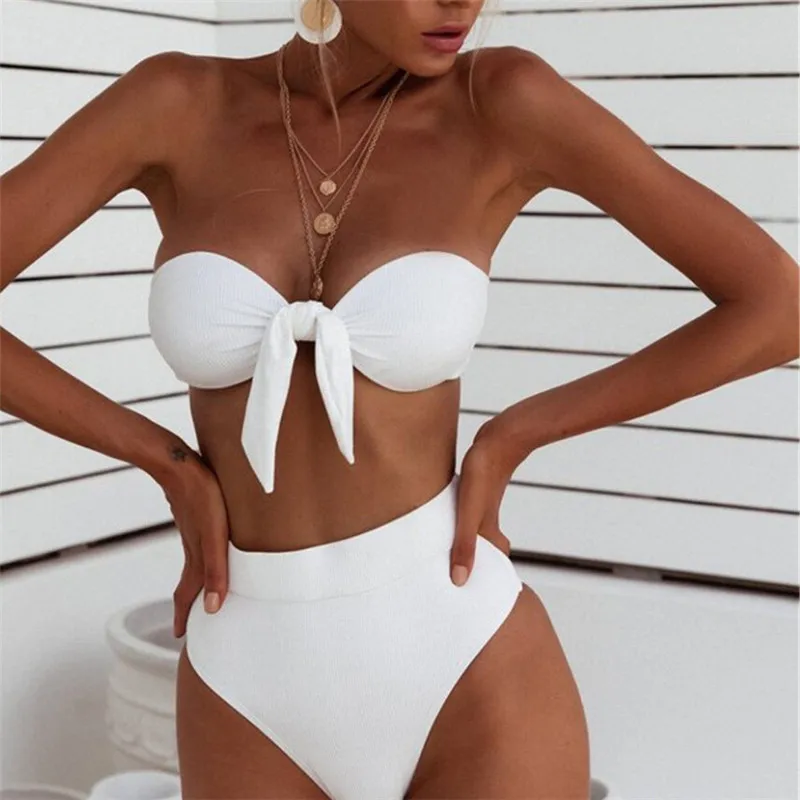

Womens High Waisted Bikini Set Push Up Swimsuit Bathing Suit Beach Swimwear Knotted Bra Monokini Swimming Costume Solid