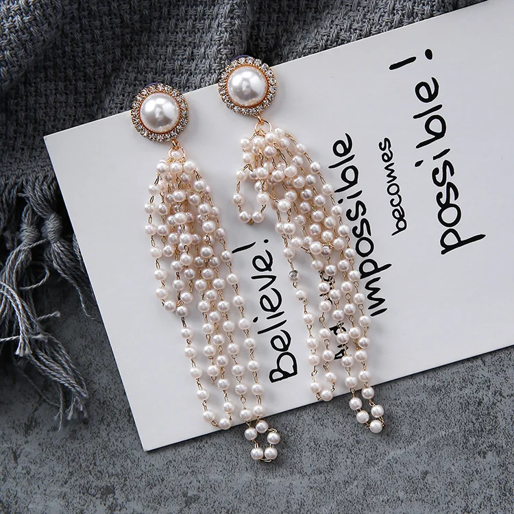 Женские Висячие серьги в Корейском стиле длинные с имитацией жемчуга Украшенные