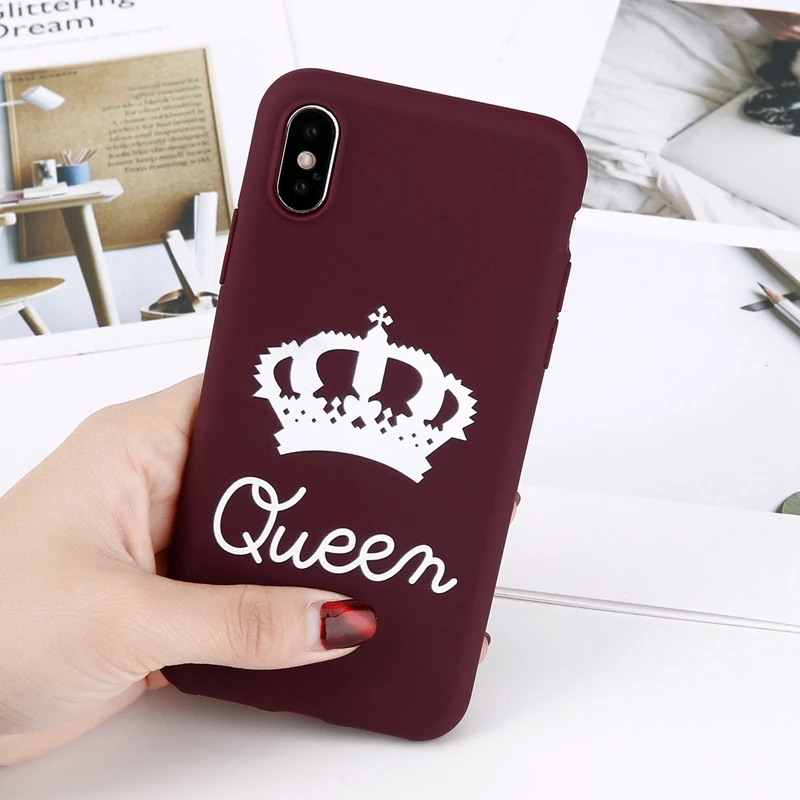 Матовый чехол для телефона с короной для iPhone 11 Pro Max XS Max X XR King queen чехол s 7 6 6s 8 Plus сплошной карамельный цвет Мягкий ТПУ полный Чехол
