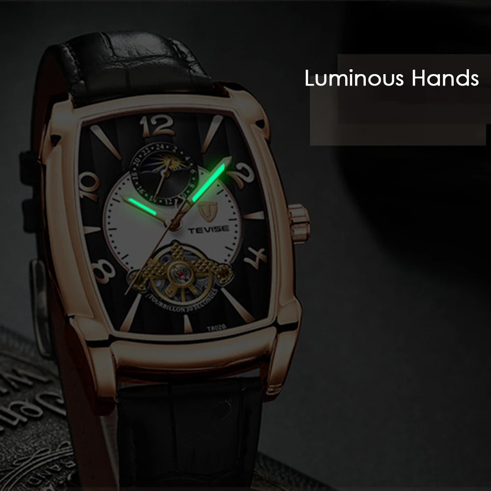 TEVISE Модные мужские автоматические часы Moon phase Tourbillon механические часы мужские кожаные спортивные наручные часы Relogio Masculino