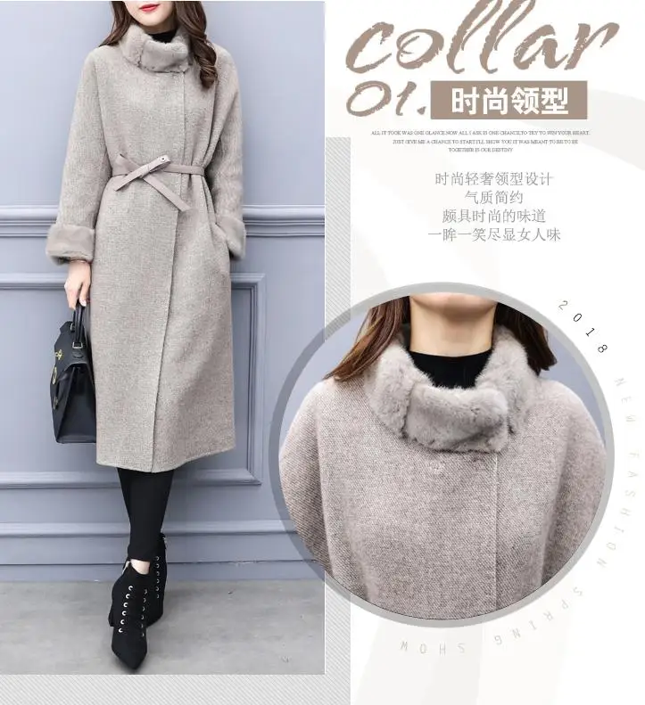 Зимние женские шерстяное пальто-жакет мода меховой воротник тонкий пальто с