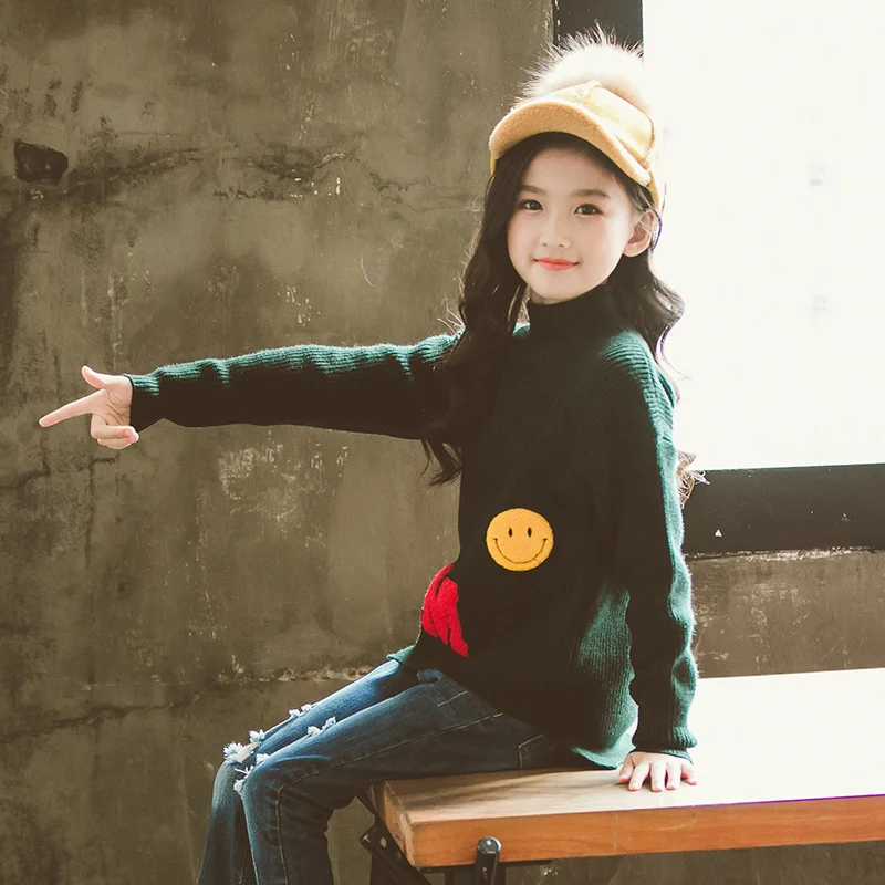 

Girls Turtleneck Sweater 2018 New Korean Style Children's Pullover Letter Army Green Sweatershirts Spring Autumn Knitted Clothes